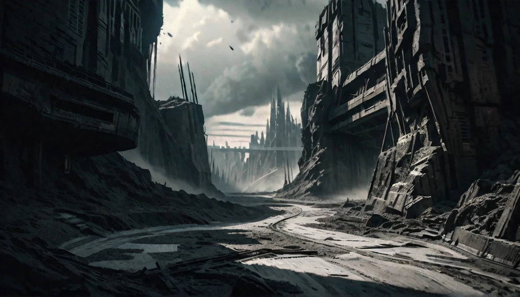 a detailed fantasy landscape, a ruined and devastated world, dark and apocalyptic, millions of deep cuts and slashes across the terrain, shattered ground, scorched earth, dark skies, ominous clouds, surreal and unsettling atmosphere, highly detailed, 8K, photorealistic, cinematic lighting, dramatic shadows, muted color palette, desaturated tones, dystopian, sci-fi, digital art