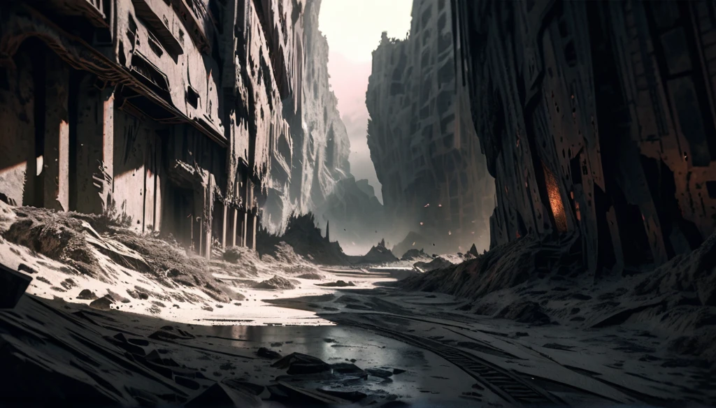 a detailed fantasy landscape, a ruined and devastated world, dark and apocalyptic, millions of deep cuts and slashes across the terrain, shattered ground, scorched earth, dark skies, ominous clouds, surreal and unsettling atmosphere, highly detailed, 8K, photorealistic, cinematic lighting, dramatic shadows, muted color palette, desaturated tones, dystopian, sci-fi, digital art