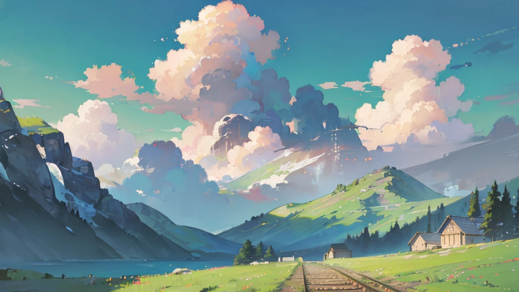 (masterpiece, highest quality:1.2), highest quality, masterpiece, high resolution, anime style, landscape, ultra detailed, nostalgic scene, landscape illustration, realistic, beautiful cumulonimbus clouds, wide open sky, summer sky, verdant sky, ambiguous boundaries, impressionists art, morning glow, ((Contemporary landscape, Trains running, Buildings in the background)), not a single person, no human