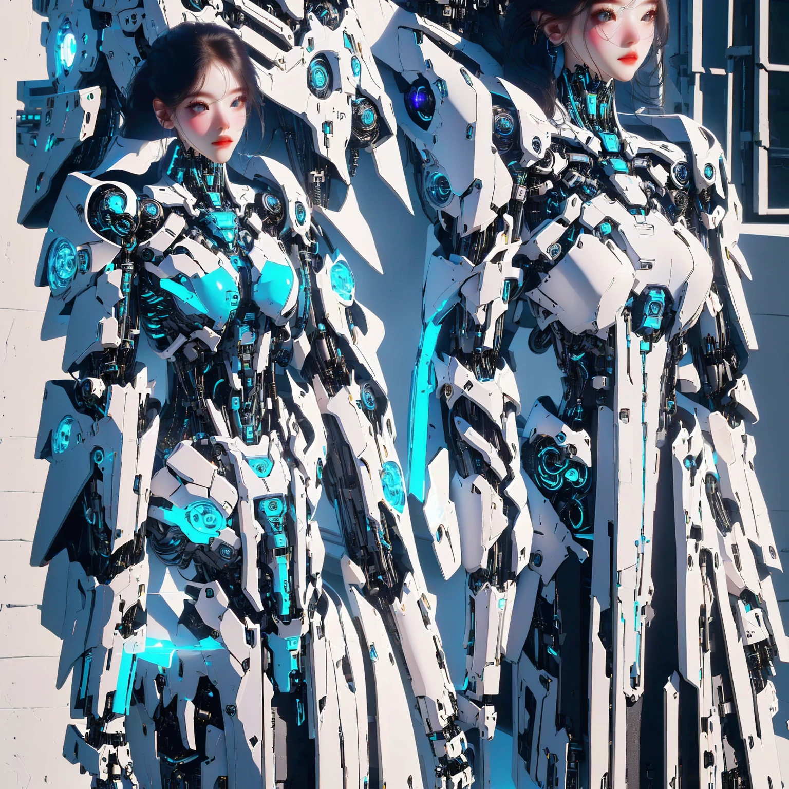 best quality, 1080P, Masterpiece, Ultra high resolution, realistic, ultra realism, Realistic skin texture, Extreme skin detail, DSLR, Detailed eyes, Double eyelids, very beautiful face, Concise facial structure, Gorgeous Asian woman, Pale skin, Realistic skin texture, Extreme skin detail, oc render reflection textures, Realistic light and shadow, Single picture, alone, Age 20, Height 165, naked girl, nude, no underwear, {{A girl with the body of a mechanical robot., The mechanical cervix is attached to the neck., beautiful breasts, White mechanical shoulder armor on both sides., elbow with mechanical joint, White mechanical hip armor on both sides with a circular blue neon light in the middle., flat stomach, perfect robot arm, perfect robot legs, Balanced slender body,full body view, Whole body photo.}}