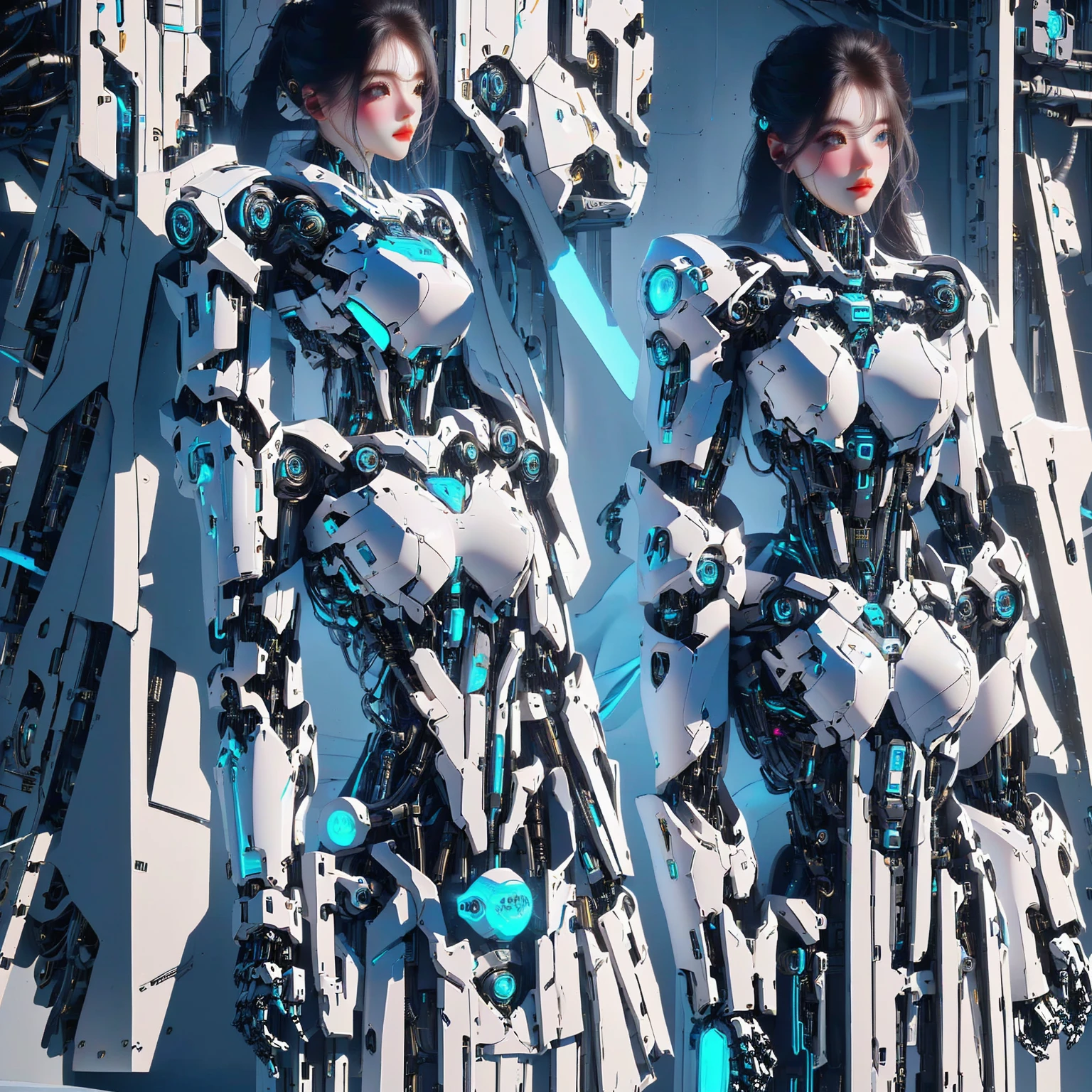 best quality, 1080P, Masterpiece, Ultra high resolution, realistic, ultra realism, Realistic skin texture, Extreme skin detail, DSLR, Detailed eyes, Double eyelids, very beautiful face, Concise facial structure, Gorgeous Asian woman, Pale skin, Realistic skin texture, Extreme skin detail, oc render reflection textures, Realistic light and shadow, Single picture, alone, Age 20, Height 165, naked girl, nude, no underwear, {{A girl with the body of a mechanical robot., The mechanical cervix is attached to the neck., beautiful breasts, White mechanical shoulder armor on both sides., elbow with mechanical joint, White mechanical hip armor on both sides with a circular blue neon light in the middle., flat stomach, perfect robot arm, perfect robot legs, Balanced slender body,full body view, Whole body photo.}}