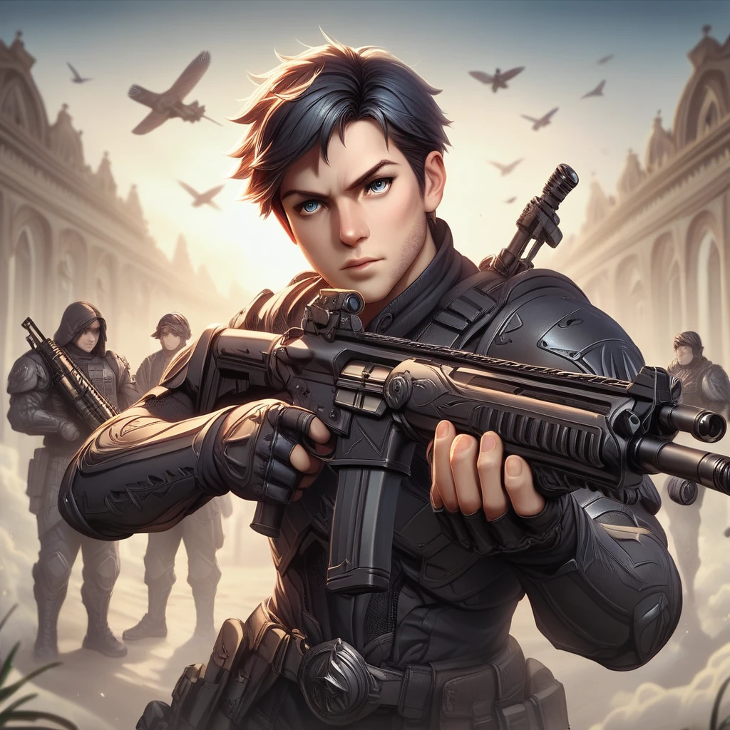 Masterpiece, best quality, realistic, ((1 man)), adult man,black short hair,Short hair Quiff Hairstyles,blue eyes,Black bulletproof armor,black dress,black gloves, Gunman aiming gun,holding an assault rifle (AK102), 