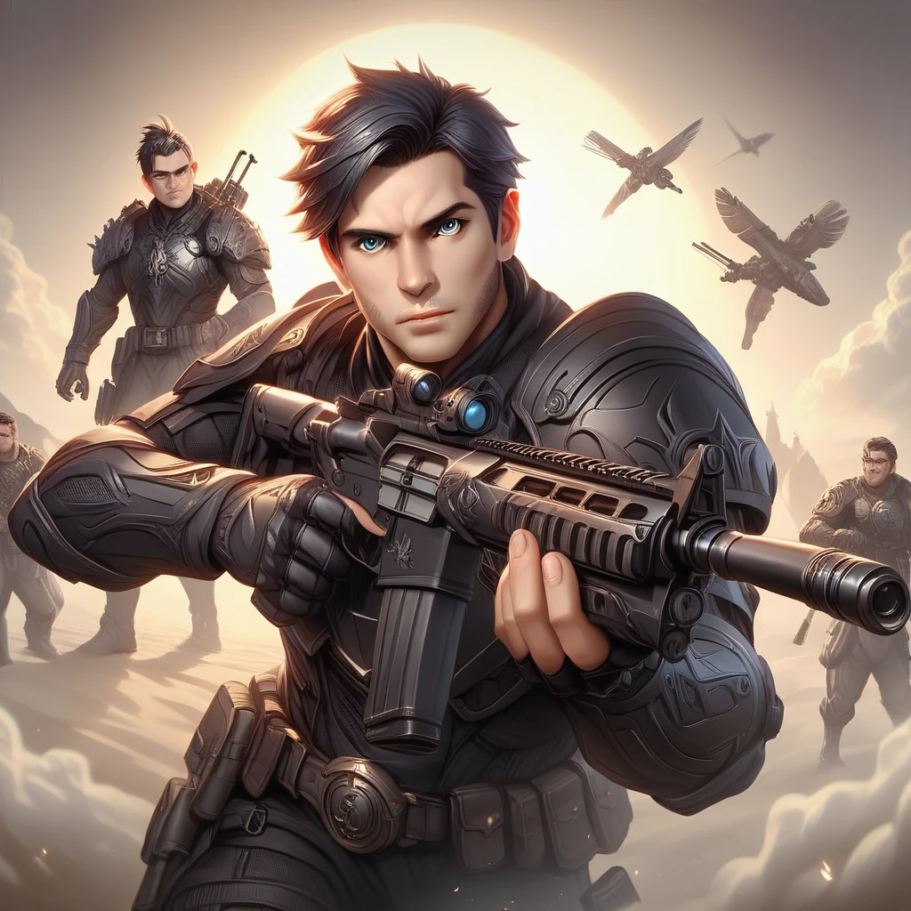 Masterpiece, best quality, realistic, ((1 man)), adult man,black short hair,Short hair Quiff Hairstyles,blue eyes,Black bulletproof armor,black dress,black gloves, Gunman aiming gun,holding an assault rifle (AK102), 