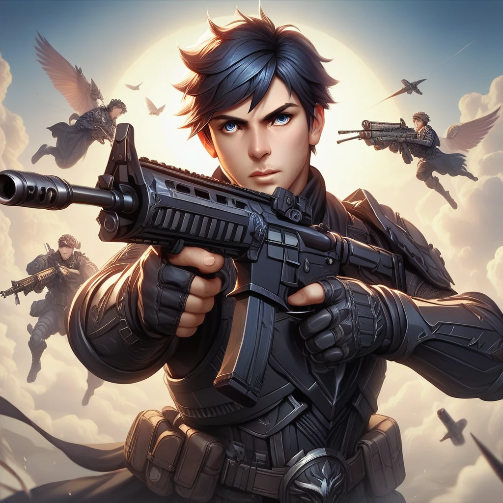 Masterpiece, best quality, realistic, ((1 man)), adult man,black short hair,Short hair Quiff Hairstyles,blue eyes,Black bulletproof armor,black dress,black gloves, Gunman aiming gun,holding an assault rifle (AK102), 