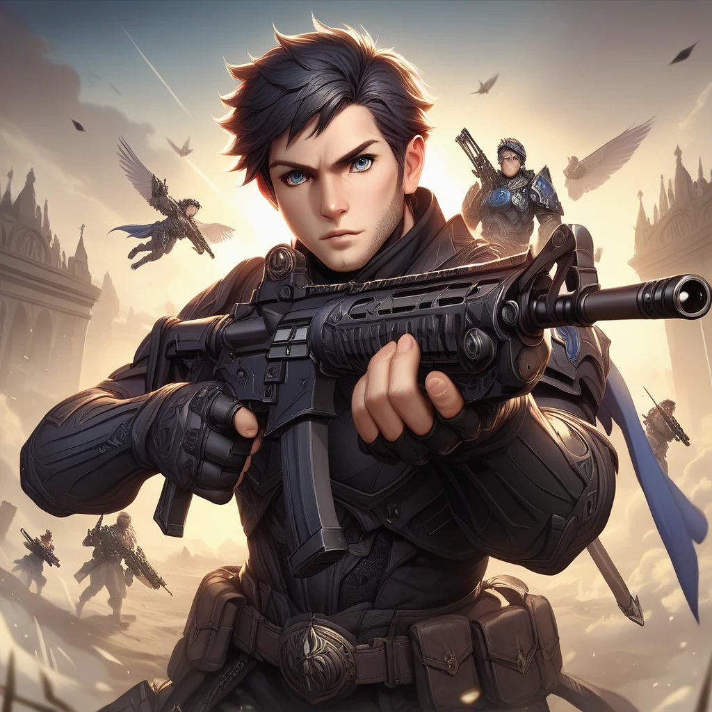 Masterpiece, best quality, realistic, ((1 man)), adult man,black short hair,Short hair Quiff Hairstyles,blue eyes,Black bulletproof armor,black dress,black gloves, Gunman aiming gun,holding an assault rifle (AK102), 