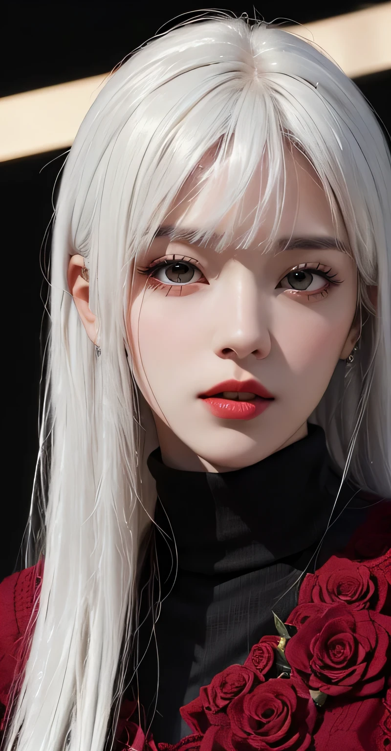 (8k, best quality, masterpiece: 1.2), (realistic, photorealistic photorealistic: 1.37), best quality, masterpiece, unity, an extremely delicate beautiful, extremely detailed, amazing, fine detail, masterpiece, best quality, official art, absurd, incredibly absurd, super detailed, high resolution, very detailed, beautiful detailed girl, extremely detailed eyes and face, beautiful detail eyes, light on face, white hair, Kpop idol, ulzzang-6500, A female , she/her, pale skin, with long silky white straight hair with straight bangs covering my eyebrows, red eyes, very sexy, wearing a knitted, ((deep red turtleneck with a long black stockings and black boots)), red background, wallpaper, highest resolution, magical, roses,