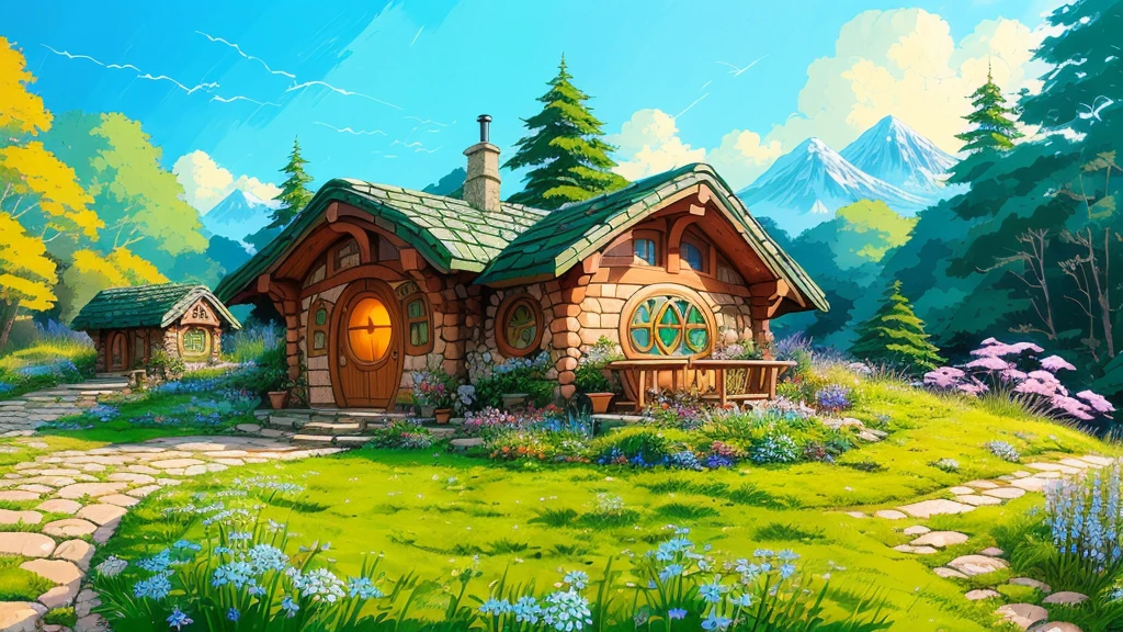realisitic, real-life, beautiful hobbit house on the hill, estilo de Laurie Greasley, Studio Ghibli, toriyama akira, James Gillard, impacto genshin, pixiv fanbox trends, acrylic palette knife, 4K, swirly vibrant colors, devinart, trends on artstation