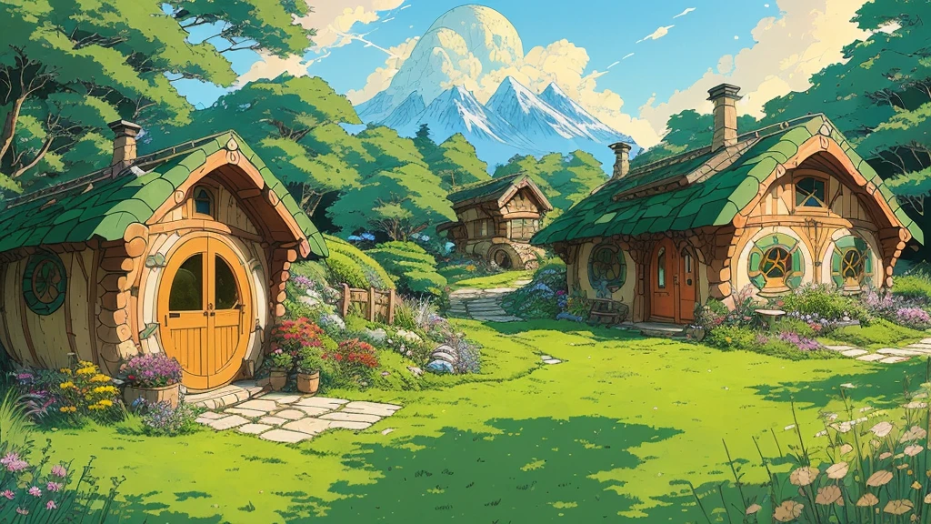 realisitic, real-life, beautiful hobbit house on the hill, estilo de Laurie Greasley, Studio Ghibli, toriyama akira, James Gillard, impacto genshin, pixiv fanbox trends, acrylic palette knife, 4K, swirly vibrant colors, devinart, trends on artstation
