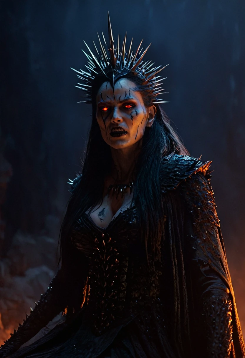 not emotional and cold Undead queen, spiked crown of hellfire, glowing red eyes, hyper-realistic, by Brom: Ultra-detailed of a corpse-pale queen. Elaborate crown of blackened metal spikes, each tip flickering with hellfire. Eyes blaze with intense red light, pupils like dying stars. Skin texture meticulously rendered, showing decay and otherworldly preservation. Dark, tattered royal garments with intricate, shadowy patterns. Background of smoldering brimstone and distant, tortured souls. Brom's signature style of gothic horror mixed with dark fantasy elements.(intricate details, hyperdetailed:1.15) (skin texture:1.2), cinematic, professional, 4k, (((dynamic model pose))), sitting, full body, mesmerizing, dynamic, dramatic, dynamic pose, highly detailed skin with hair, subcutaneous veins, light and shadow play, highly detailed,24mm photograph, bokeh, professional, 4k,