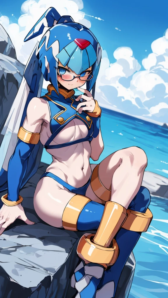 Leviathan_Megamanz, 1 Girl ,Looking at the viewer , blue hair, Blue eyes,Clouds background , Blushed, Wedding ring, Glasses, Sitting on top of a rock , Blue Micro bikini , Chompers