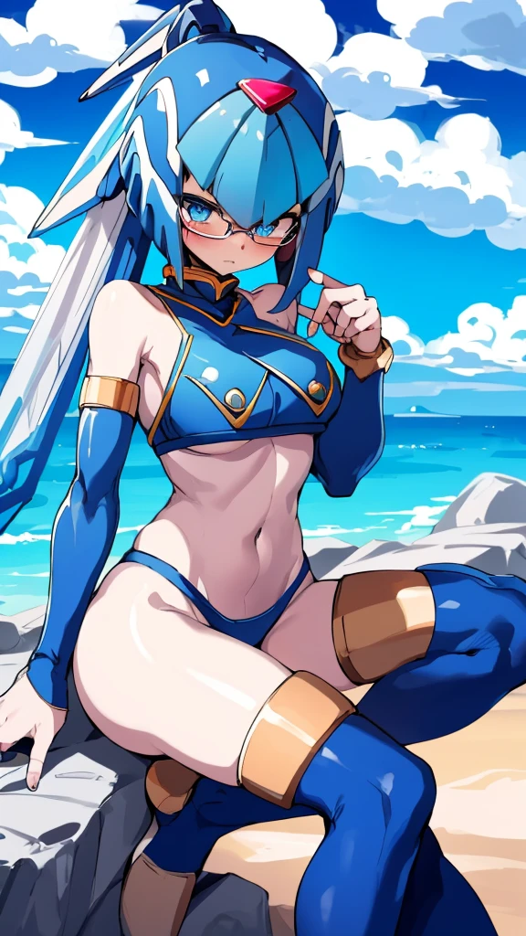 Leviathan_Megamanz, 1 Girl ,Looking at the viewer , blue hair, Blue eyes,Clouds background , Blushed, Wedding ring, Glasses, Sitting on top of a rock , Blue Micro bikini , Chompers