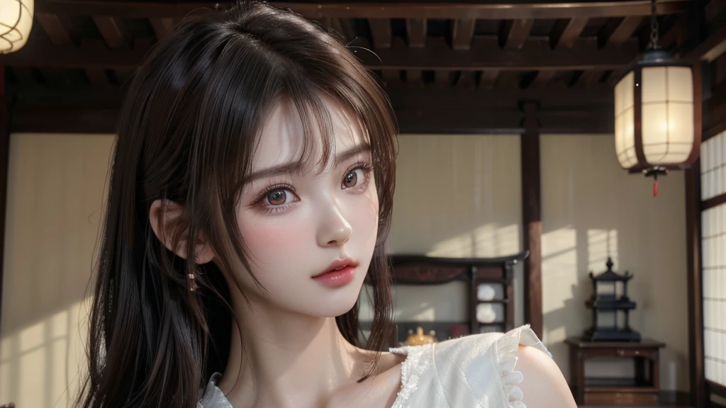 (masterpiece, Highest quality, Highest quality, beautifully、beautiful:1.2)、Big brown eyes、Beautiful Skin、Updo with bangs）、Very detailed,(Japanese-style room:1.3)、Sharp focus、High resolution、High resolution、High color rendering、High resolution、Ultra-realistic、