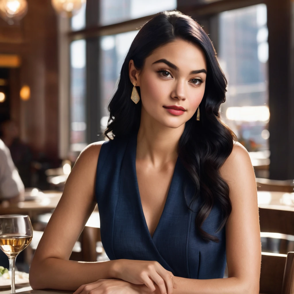 a woman, Veronica Lodge from Riverdale, textured skin with glossy finish, natural brown eyes, rosy cheeks, super long super straight blonde hair, navy blue sleeveless linen cropped top, golden diamond earrings, sitting at a table in a modern restaurant in Manhattan, sunny day, pleasant atmosphere, people in the background, dynamic pose, natural bright lighting. LoRA