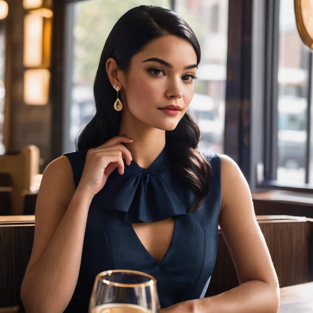 a woman, Veronica Lodge from Riverdale, textured skin with glossy finish, natural brown eyes, rosy cheeks, super long super straight blonde hair, navy blue sleeveless linen cropped top, golden diamond earrings, sitting at a table in a modern restaurant in Manhattan, sunny day, pleasant atmosphere, people in the background, dynamic pose, natural bright lighting. LoRA