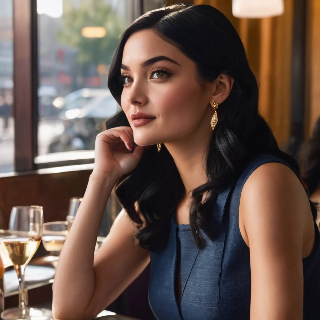 a woman, Veronica Lodge from Riverdale, textured skin with glossy finish, natural brown eyes, rosy cheeks, super long super straight blonde hair, navy blue sleeveless linen cropped top, golden diamond earrings, sitting at a table in a modern restaurant in Manhattan, sunny day, pleasant atmosphere, people in the background, dynamic pose, natural bright lighting. LoRA