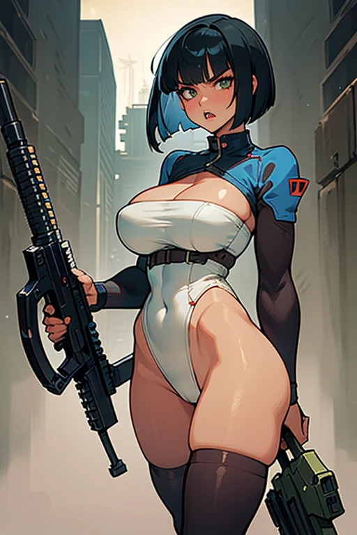 Cuberpunk, thick hips,  thick thighs, very high heels, bandeau top, high cut leotard, huge breast, thin waist,  bob cut hair, weapon, tanned skin, gun, angry look, soldier girl, scream, thick,