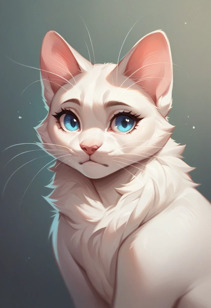 ,solo focus, a_la, 1girl, cat, white fur, long whiskers on both sides of the face, big bright blue eyes, big black eyelashes, small pink nose, triangular ears with pink ducts.