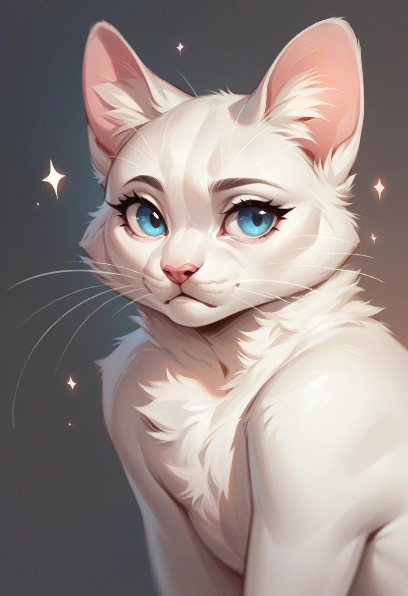 ,solo focus, a_la, 1girl, cat, white fur, long whiskers on both sides of the face, big bright blue eyes, big black eyelashes, small pink nose, triangular ears with pink ducts.