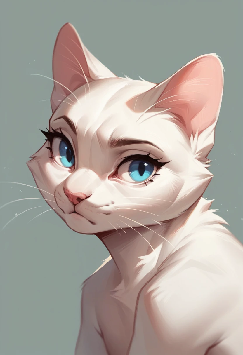 ,solo focus, a_la, 1girl, cat, white fur, long whiskers on both sides of the face, big bright blue eyes, big black eyelashes, small pink nose, triangular ears with pink ducts. 