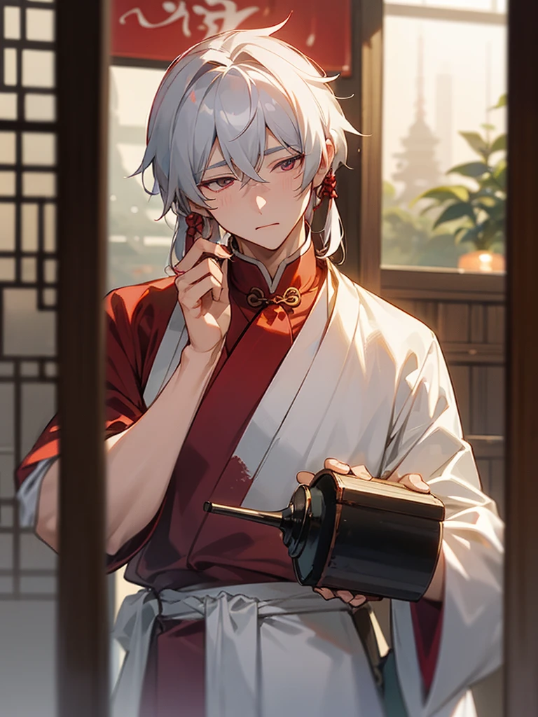 - Yue Lao Temple，One with gray hair、The red-faced matchmaker，Hold a wine jug，Drunken and hazy，His eyes were blurred, but suddenly a hint of interest flashed across his face.。
