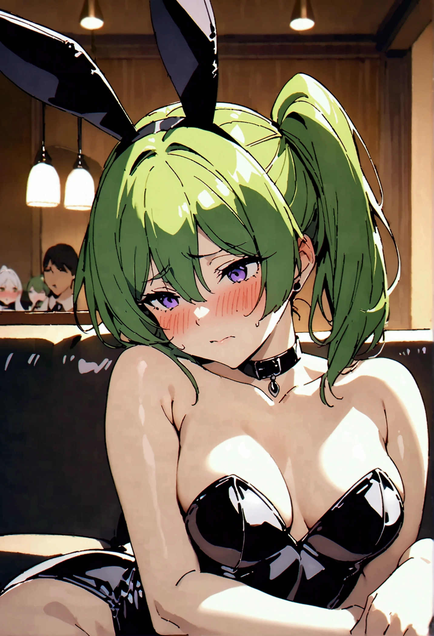 NSFW,masterpiece,Highest quality,High resolution,Super detailed,Uber\(Funeral of Frieren\),Green Hair、bangs、Hair between the eyes、Side Ponytail、Purple Eyes、choker、Playboy Bunny,clavicle,Embarrassed,blush,Sulky face,Luxurious Room,pub,Private room,sofa,heart,Sexy pose,(Noble men),Being spoiled,Lean on,Hug in arms,(Obedience)