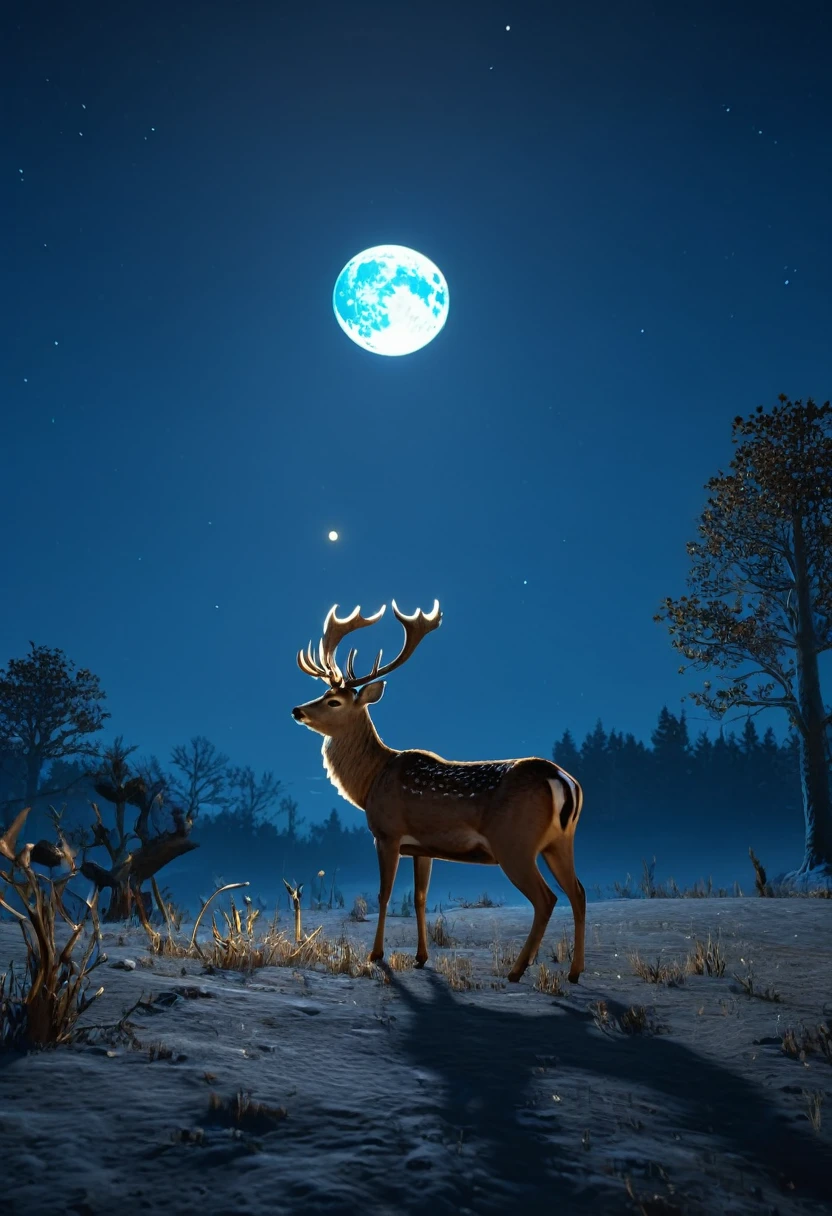 A deer looking at the moon at night where the deers horn is glowing. The color of the moon is light blue and the horn of glowing deer is a gold. 8k resolution,unreal engine.