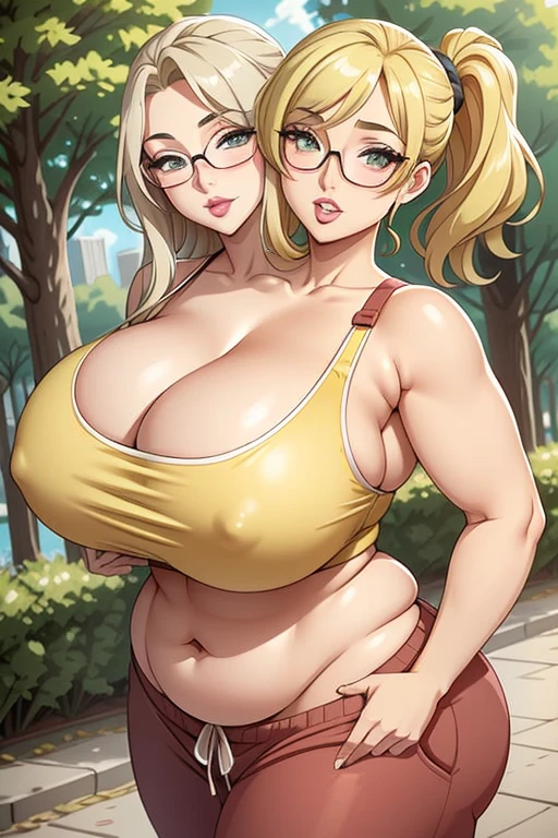 2heads, an overweight woman with 2 heads. She is in a park with trees on a sunny day. She is wearing a tiny yellow bikini top, wearing sweatpants. She has blonde hair in a ponytail. She is wearing glasses. Deep cleavage. She looks mature. She is blushing. She looks seductive and lustful. She has big fat perky lips. She is wearing lipstick. She is extremely fat. She has gigantic breasts. Her lips are big and seductive. She is winking. She is tall. She is a milf. Hard nipples.