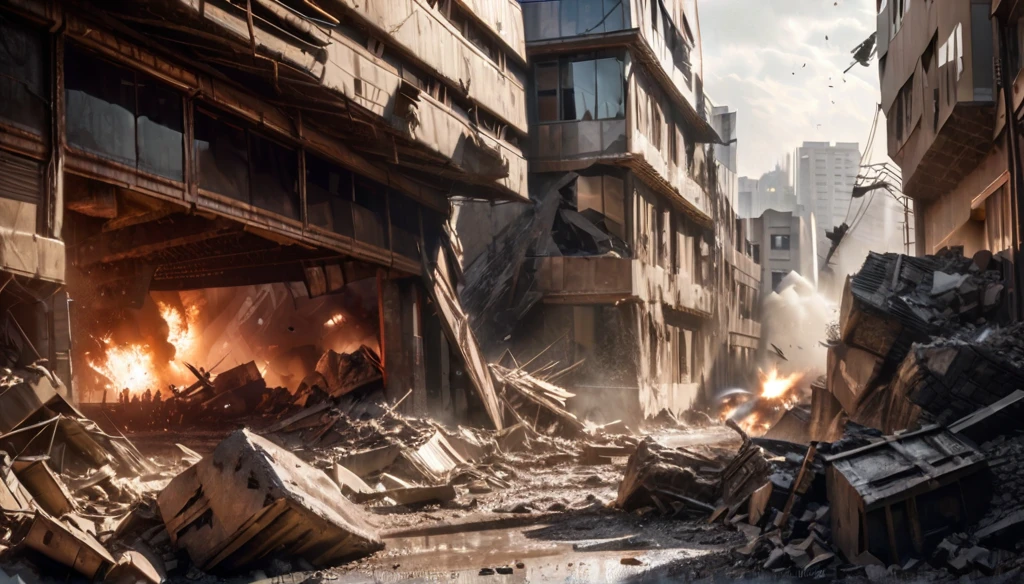 A city under attack, buildings flying and being slashed, destruction everywhere, ashes and dust flying, everything falling and being completely cleaved, (best quality,4k,8k,highres,masterpiece:1.2),ultra-detailed,(realistic,photorealistic,photo-realistic:1.37),cinematic, dramatic lighting, apocalyptic, dystopian, debris, rubble, chaos, war, explosive, dark, gritty