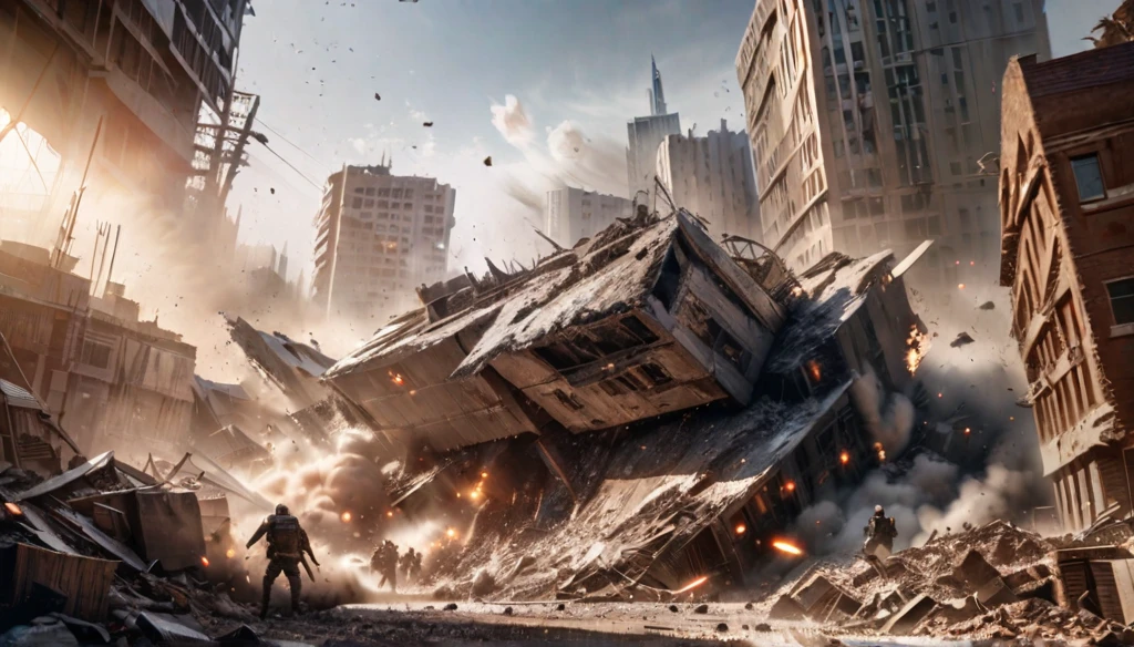 A city under attack, buildings flying and being slashed, destruction everywhere, ashes and dust flying, everything falling and being completely cleaved, (best quality,4k,8k,highres,masterpiece:1.2),ultra-detailed,(realistic,photorealistic,photo-realistic:1.37),cinematic, dramatic lighting, apocalyptic, dystopian, debris, rubble, chaos, war, explosive, dark, gritty