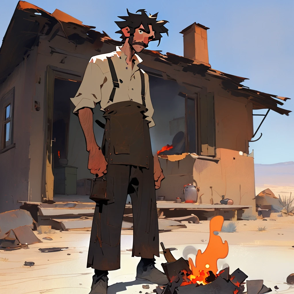 1man, Western, black Messy hair, burnt hair, Leather apron, White button-down shirt, black pants patched, Failed beard, young adult, Thin, full body, Holding a Dynamite, outside a house in the desert, Dirty with soot, crazy, Embers, fire, skin burns, ashes