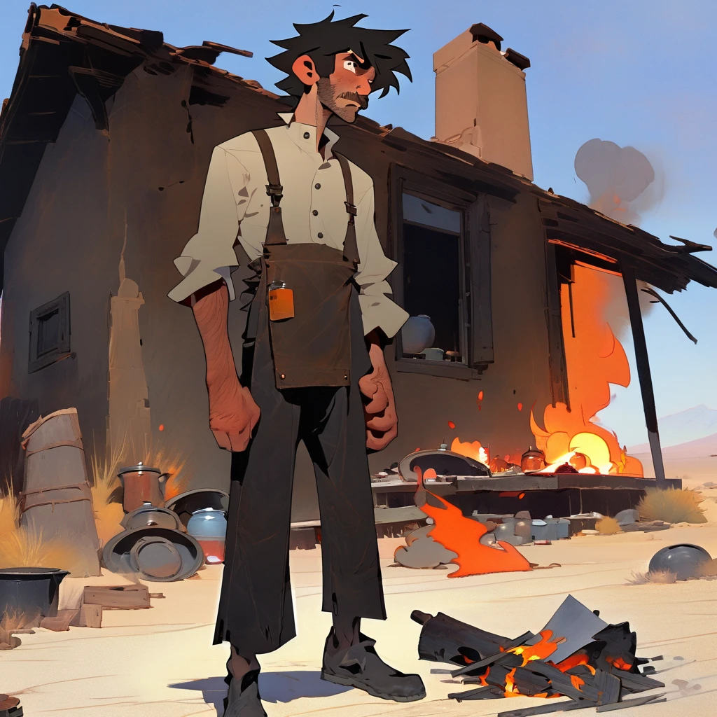 1man, Western, black Messy hair, burnt hair, Leather apron, White button-down shirt, black pants patched, Failed beard, young adult, Thin, full body, Holding a Dynamite, outside a house in the desert, Dirty with soot, crazy, Embers, fire, skin burns, ashes