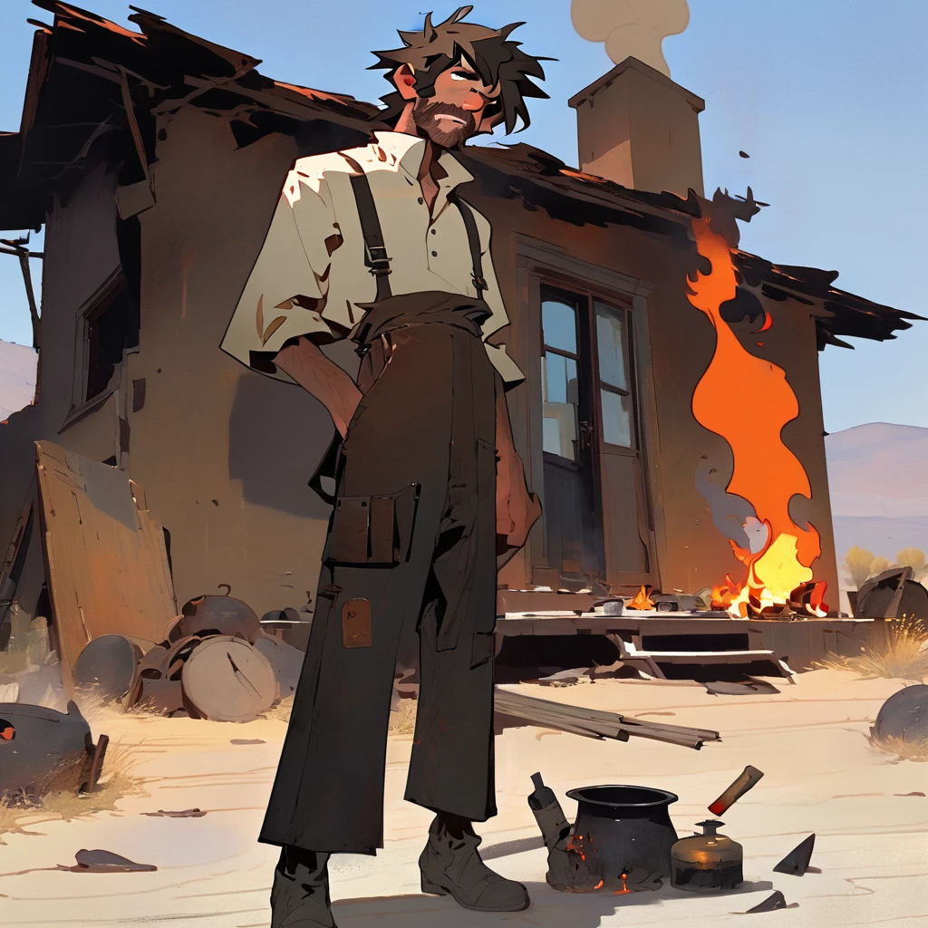 1man, Western, black Messy hair, burnt hair, Leather apron, White button-down shirt, black pants patched, Failed beard, young adult, Thin, full body, Holding a Dynamite, outside a house in the desert, Dirty with soot, crazy, Embers, fire, skin burns, ashes