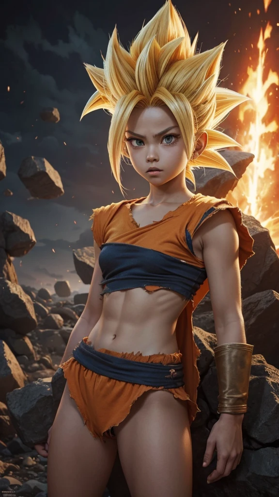 Dragonball Z, super Sayan warrior, 13 year old girl. Clothing tattered from battle. NSFW