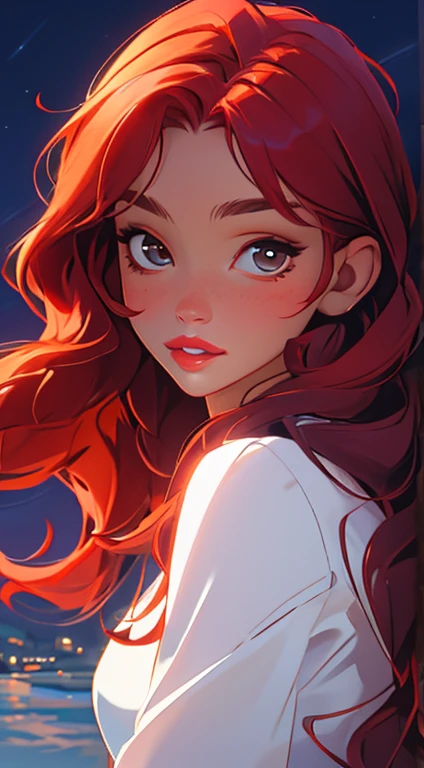 (masterpiece:1.2), (best quality:1.2), night, (looking at viewer), bright skin, outdoors, fringe, long hair, (wavy hair), soft lips, glossy lips, highly detailed, (semi-realistic:1.2), red hair