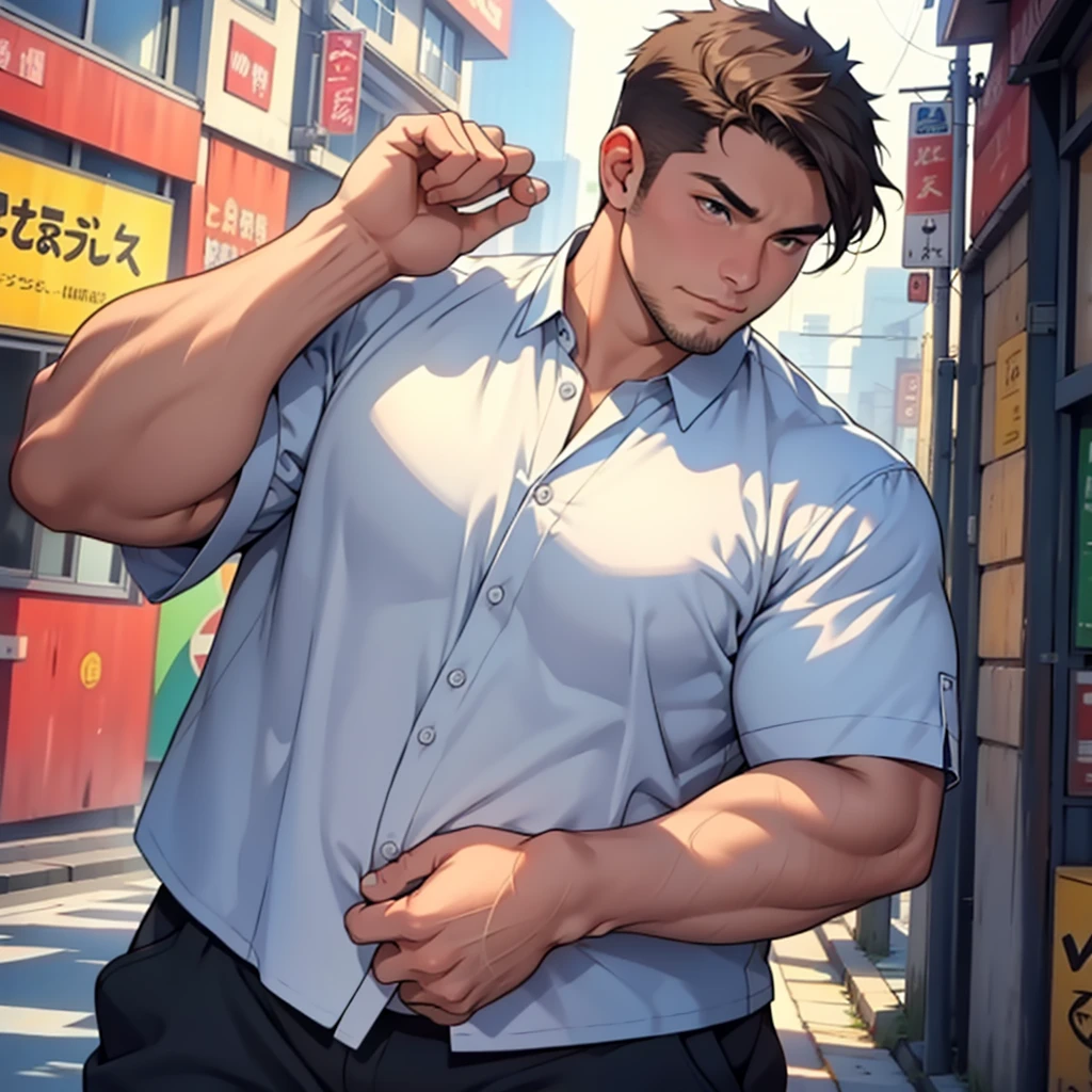 A man, youth, fat, fat, very short hair, wide shirt, masterpiece, highest quality