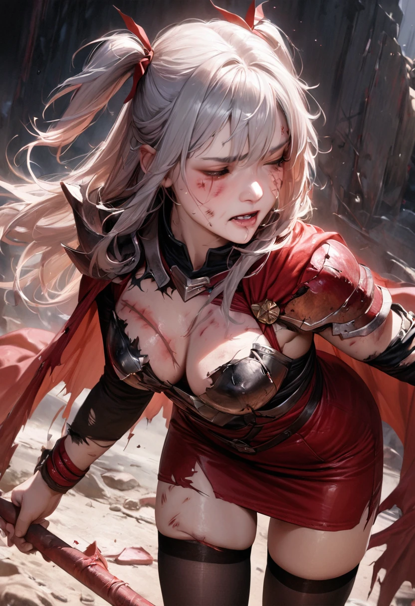 (best quality), (masterpiece), very aesthetic, absurdres, high res, all detailed, realistic, 1girl, (two side up), long hair, silver hair, (red pencil Dress, one side shoulders armor with Cape, red pencil miniskirt), medium cleavage, [black thigh-highs], [white panties], (injury skin, scar skin, bleeding skin, torn clothes:1.1), Broken Armor, BREAK NSFW, (tentacle Crucifixion, tentacle restrained, pink living cross, \o/, tentacle bound limbs, hanging), (closed eyes), cry, tears, sigh, blush, sweat, (outdoors, On the ship, big Kraken), cinematic lighting, diffraction spikes, (from above:1.2),