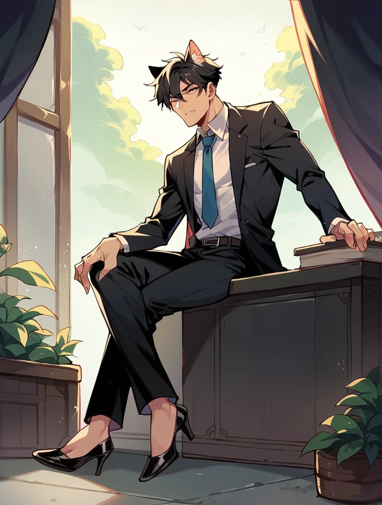 A cat animal wearing a black suit, tie, black long pants, and black heels