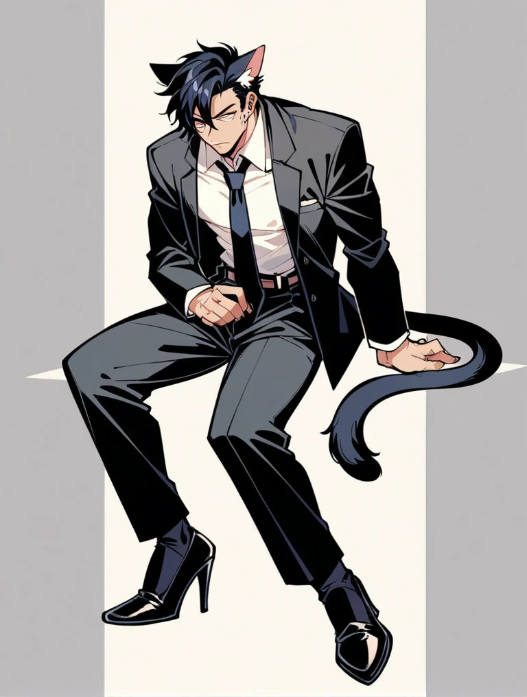 A cat animal wearing a black suit, tie, black long pants, and black heels