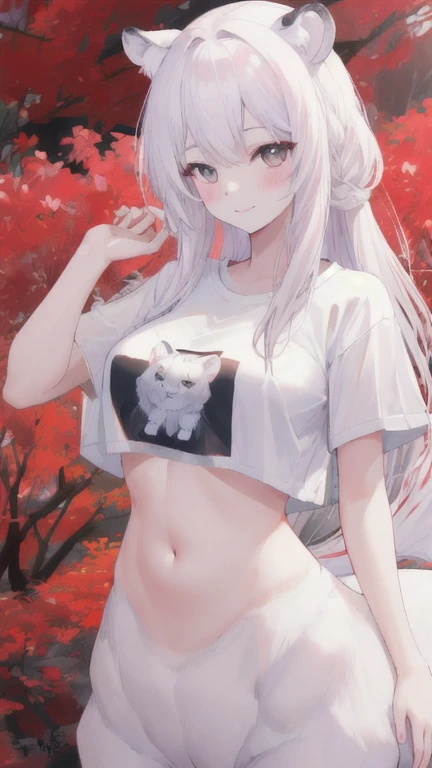 (best quality, masterpiece), 1 girl, centaur, It takes, White skin, Korean ,daughter,black pink,Smiling, exposing the abdomen, belly on t-shirt , 아름다운 소녀 Perfect wild white tiger photo, Perfect wild white tiger photo