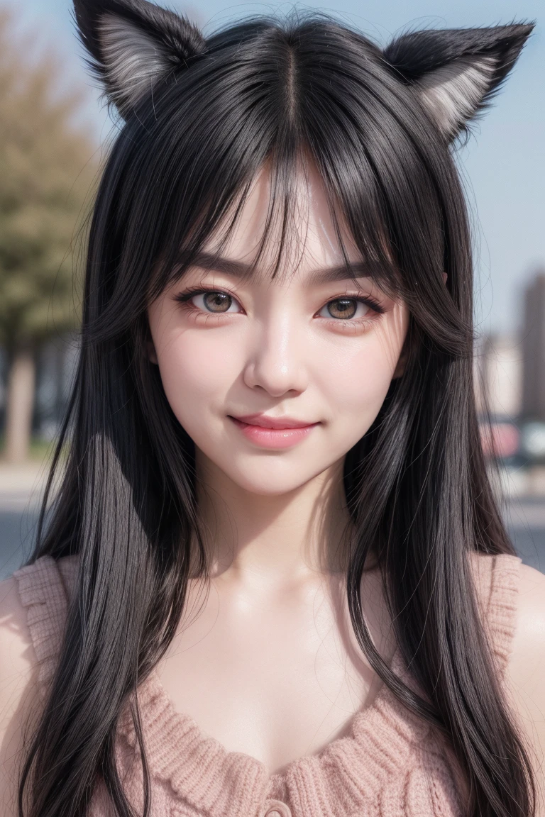 black hair, hair bobbles, wince, longeyelashes, solid circle eyes, fake animal ears, light smile, ear blush, fang, ccurate, iphone quality, Surrealism, drop shadow, anaglyph, stereogram, tachi-e, pov, atmospheric perspective, 8k, super detail, best quality, 1080P