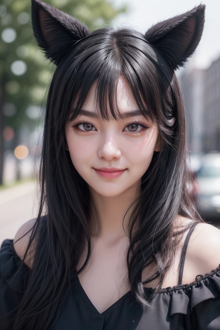 black hair, hair bobbles, wince, longeyelashes, solid circle eyes, fake animal ears, light smile, ear blush, fang, ccurate, iphone quality, Surrealism, drop shadow, anaglyph, stereogram, tachi-e, pov, atmospheric perspective, 8k, super detail, best quality, 1080P