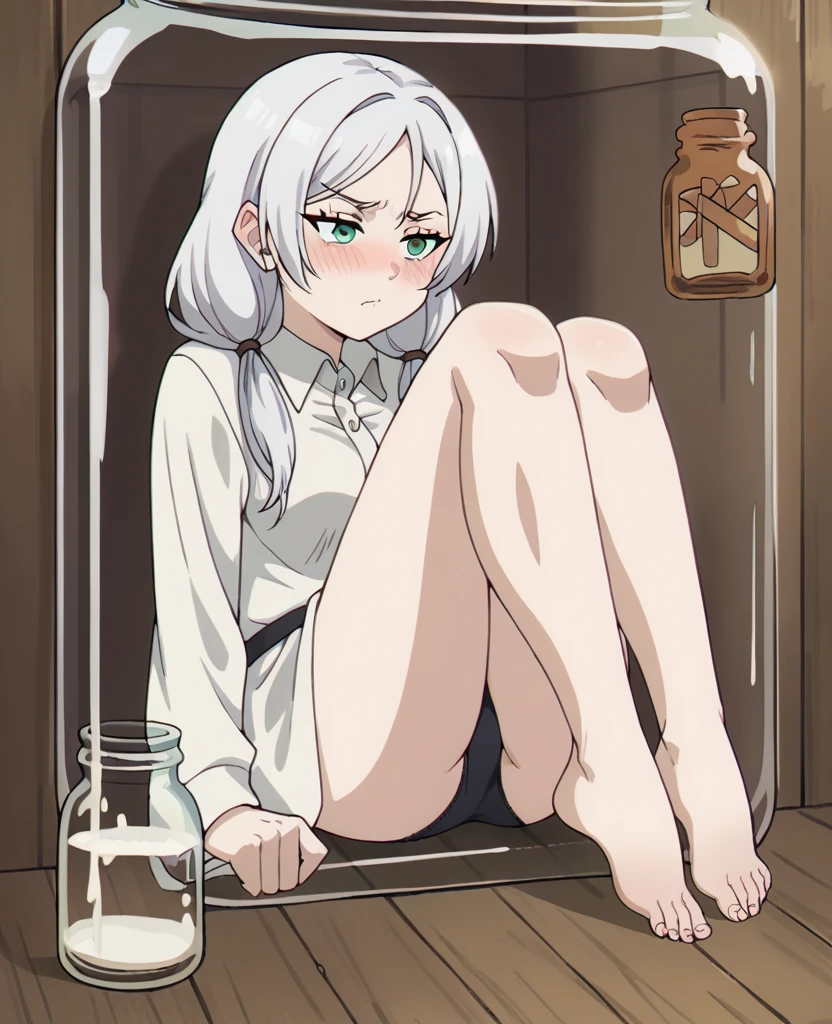 artwork, Attention to details, beautiful girl (Freeze), natural , long white hair with two pigtails, and green eyes, white collared shirt, serious face blushing, bare legs, black panties body, barefoot, trapped inside a transparent glass jar, waxed inside, inside the jar, whole body en el frasco, sentada inside the jar, barefoot, trapped in the jar. She and the bottle stained with milk