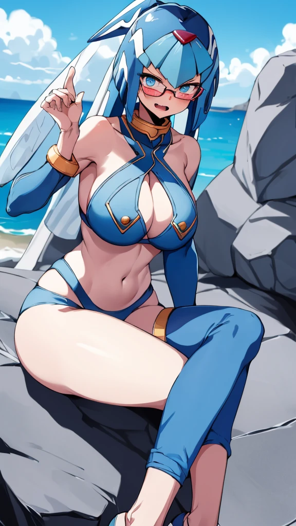 Leviathan_Megamanz, 1 Girl ,Looking at the viewer , blue hair, Blue eyes,Clouds background , Blushed, Wedding ring, Glasses, Sitting on top of a rock , Blue Micro bikini , Shark fangs, mouth open , Face Only 