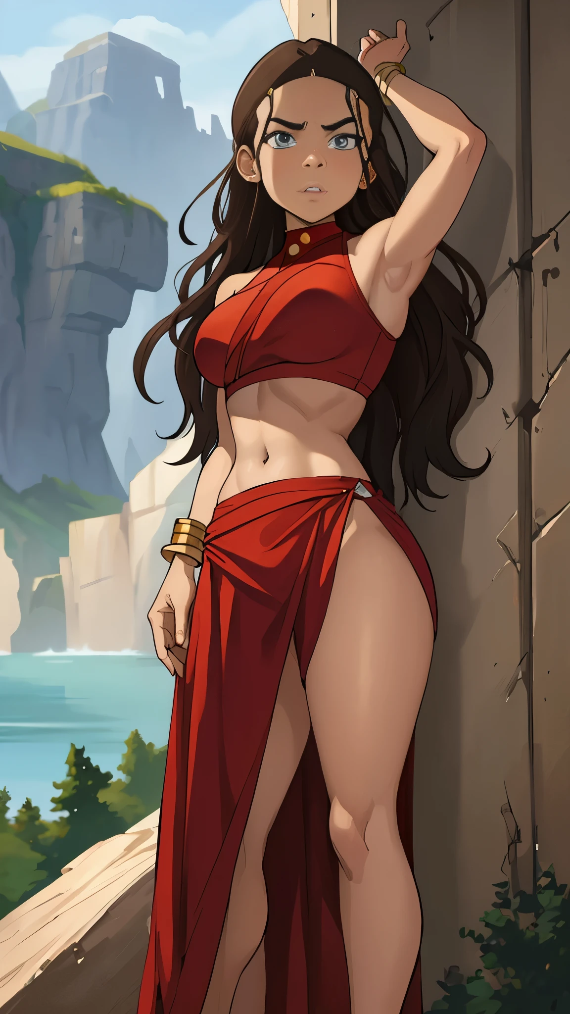 masterpiece, best quality, highres, highest quality, absurdres, kataras3, dark skin, traditional media, (painting \(medium\)), bracelet, long hair, brown hair, crop top, midriff, navel, sharp expressive eyes, perfect face, wide hips, thick lineart, atmospheric lighting, smooth, beautifully detailed riverbank background, cinematic composition, Joe Madureira,  red clothing, 