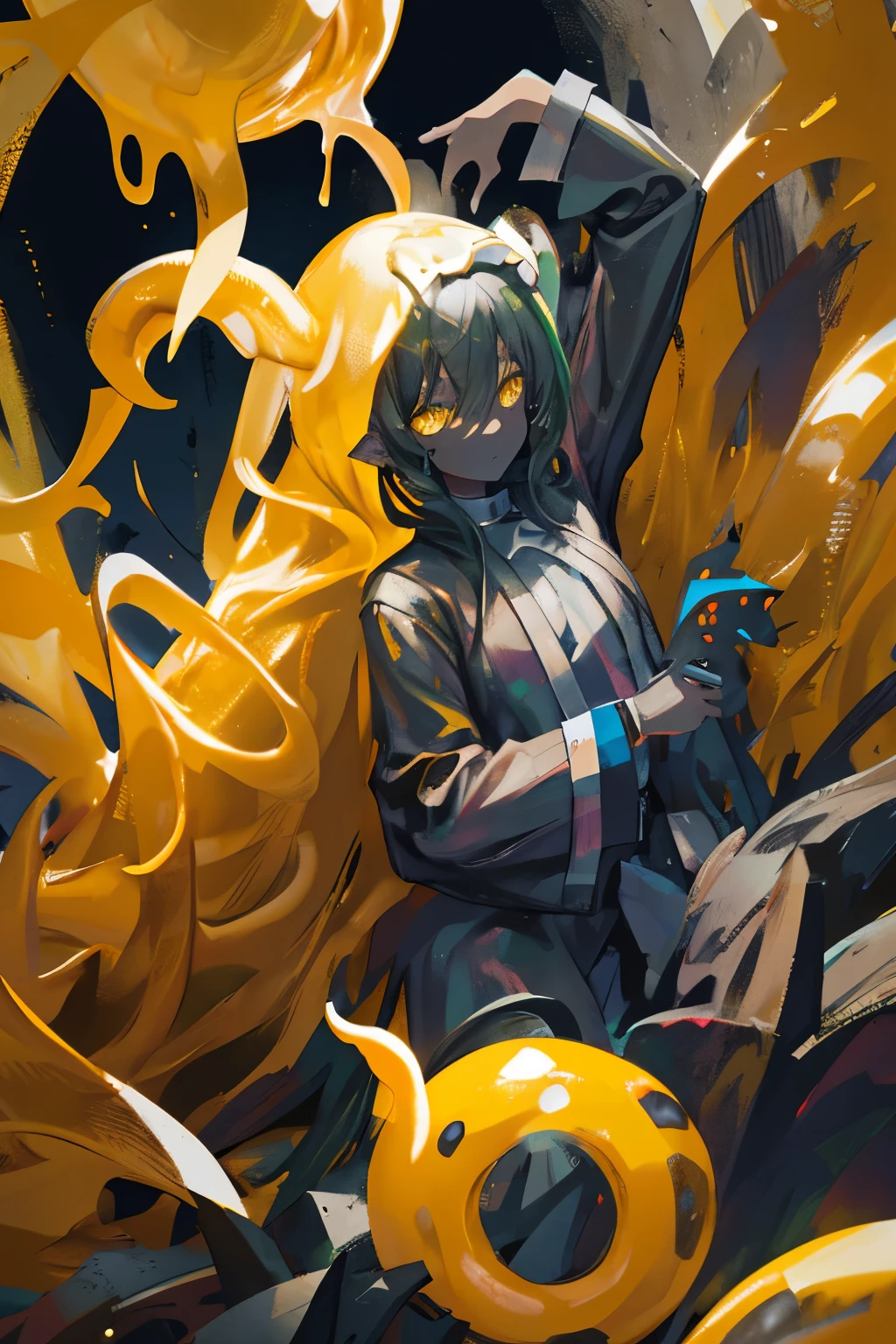 A Black slime with a humanoid appearance, yellow eyes, boy, slimes tentacles, literally black skin,