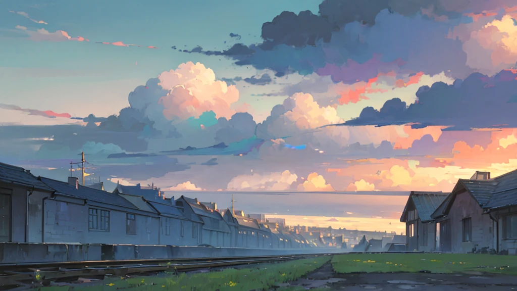 (masterpiece, highest quality:1.2), highest quality, masterpiece, high resolution, anime style, Urban landscape, ultra detailed, landscape illustration, realistic, beautiful cumulonimbus clouds, wide open sky, summer sky, verdant sky, ambiguous boundaries, morning glow, ((Contemporary landscape, Trains running, Buildings in the background)), not a single person, no human