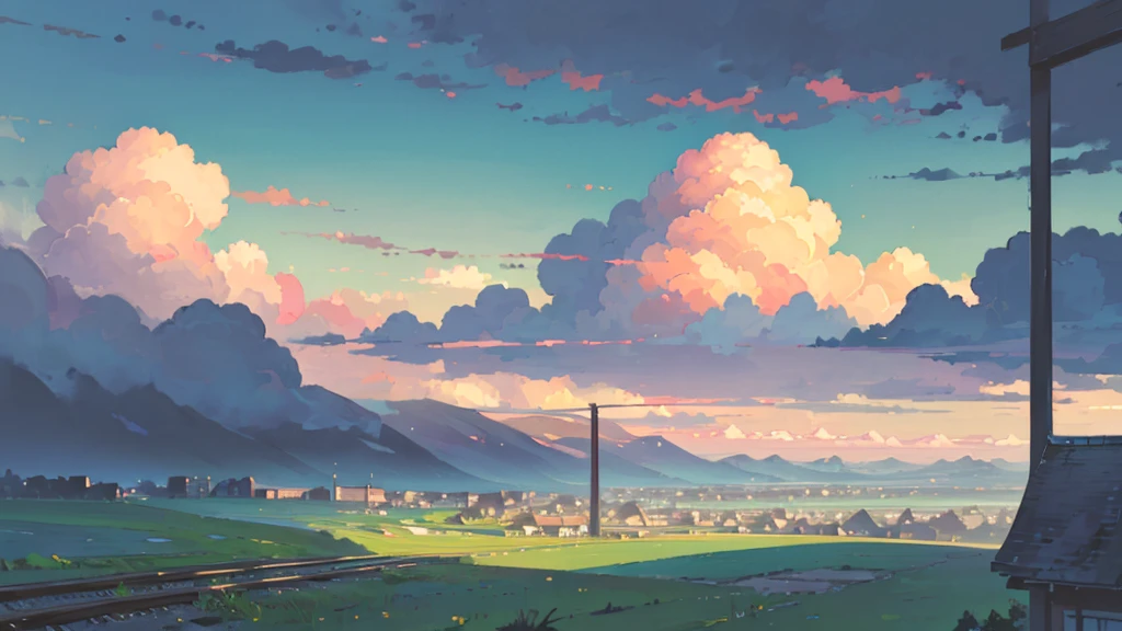 (masterpiece, highest quality:1.2), highest quality, masterpiece, high resolution, anime style, Urban landscape, ultra detailed, landscape illustration, realistic, beautiful cumulonimbus clouds, wide open sky, summer sky, verdant sky, ambiguous boundaries, morning glow, ((Contemporary landscape, Trains running, Buildings in the background)), not a single person, no human