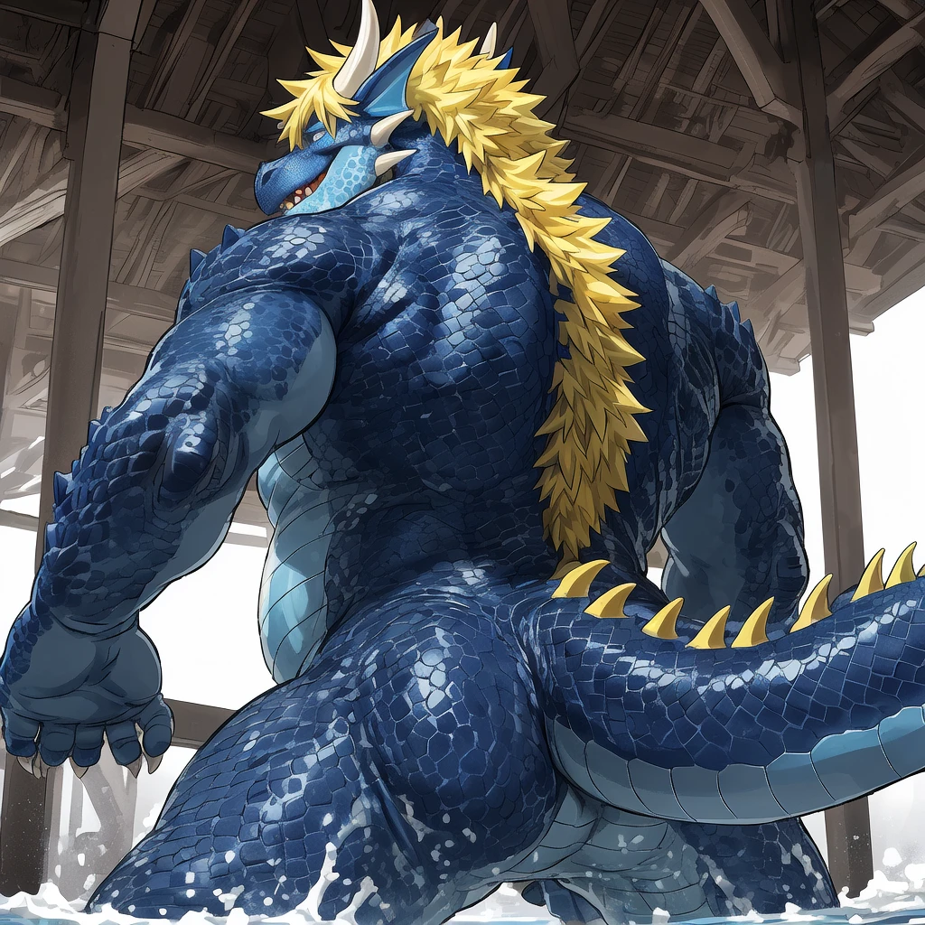 duo: ( blue eyes dragon , dark blue and azure scales and white belly, yellow crest hair , skinny well built , profile, fulfilled face, kemono , high quality , by rossciaco , rear view ) , behind ( polar well built polar bear standing spread legs merging skin , rear view) floating