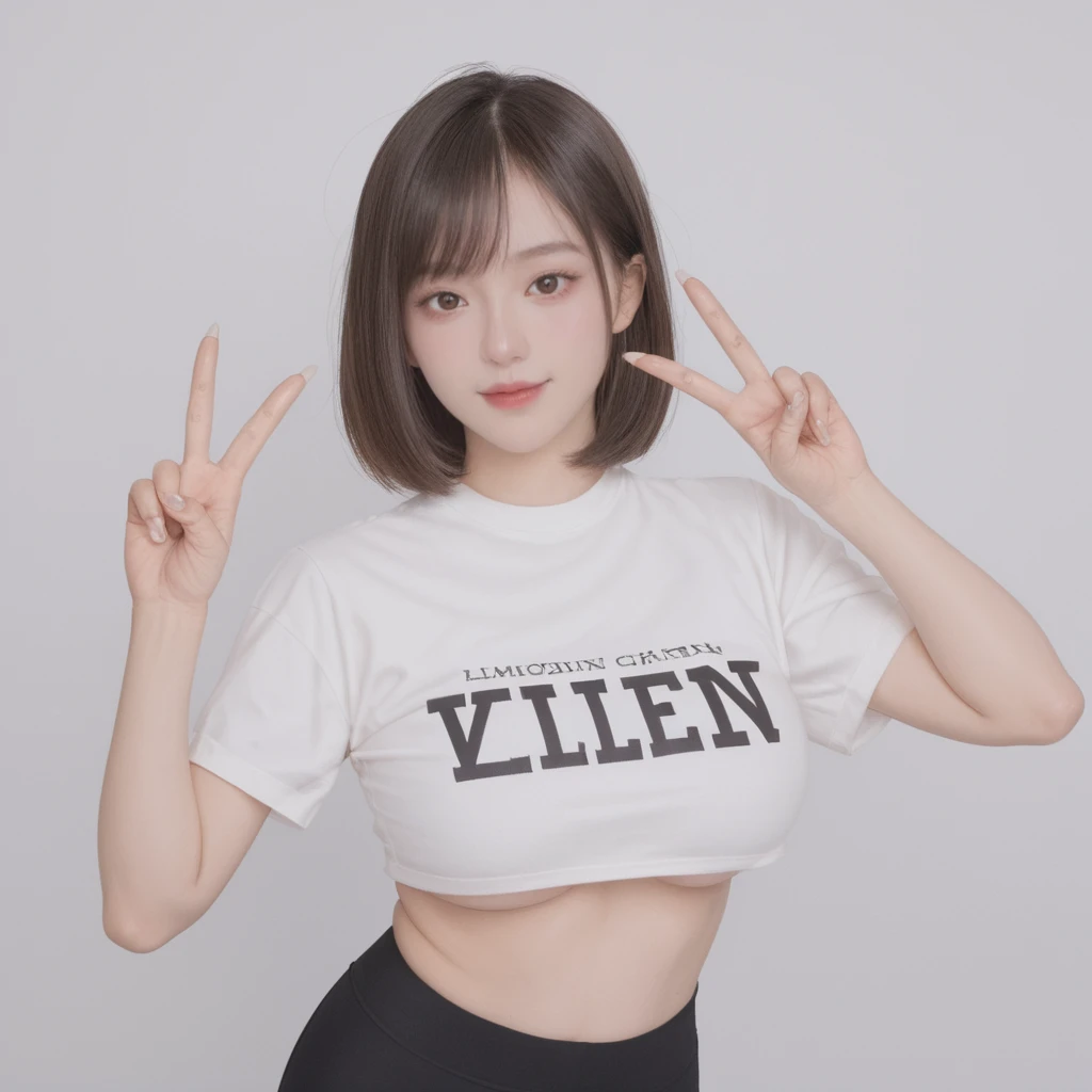 realistic,score_9, score_8_up, score_7_up,
1girl, stand, upper body, pantyhose, Graphic Tee, simple background, Lob \(long bob\), big breasts, Give a V victory sign,under boob