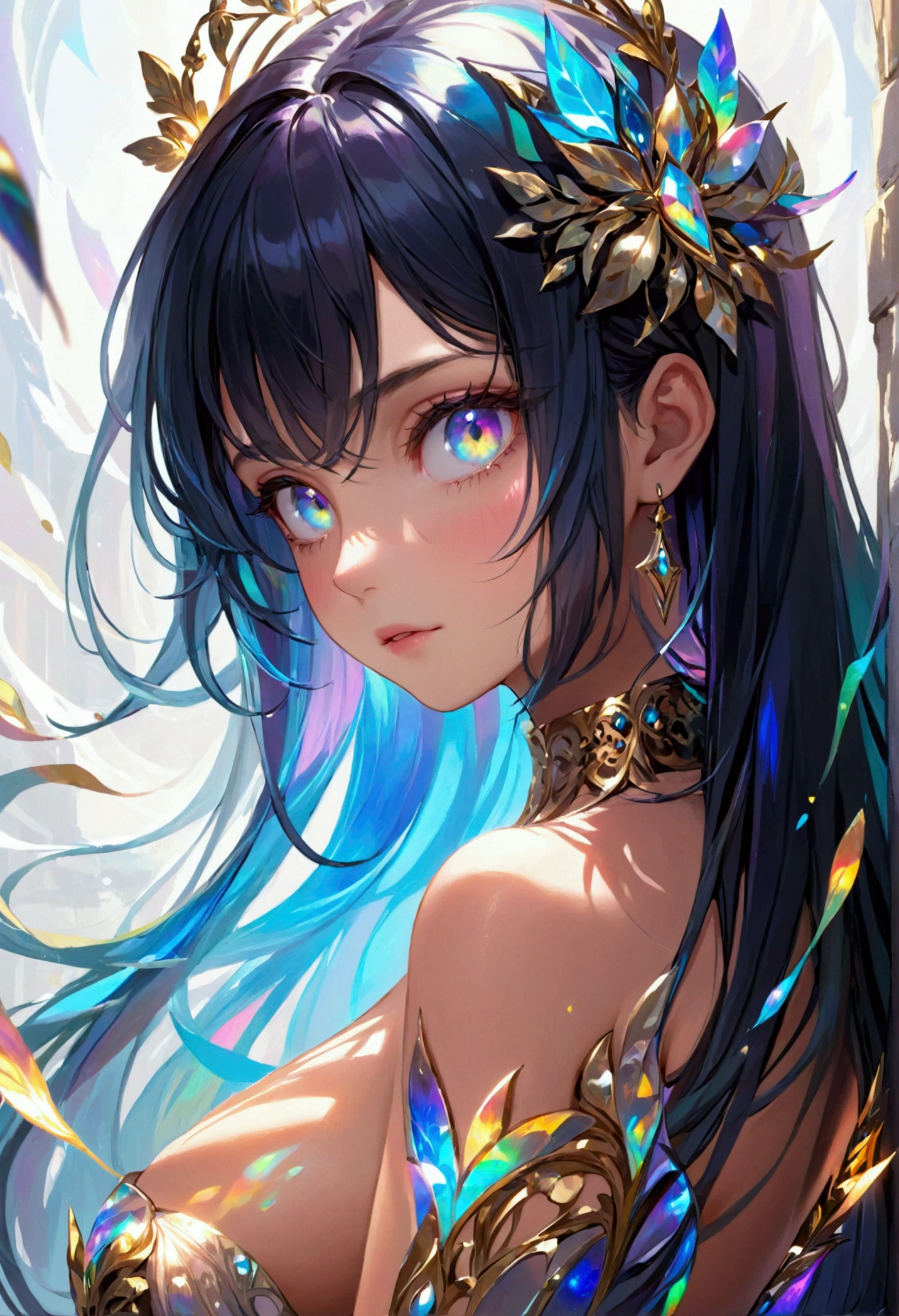 (masterpiece), best quality, expressive eyes, perfect face, Girl,long dark iridescent hair, iridescent eyes, small waist, small breast , large thighs,majestic outfit, majestic aura
